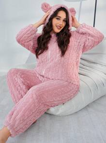 Macacão de Dormir Acolchoado com Capuz em Jacquard Plus Size, para Outono e Inverno, Fofo e Confortável