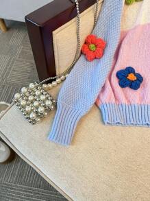 Tween  Girls Autumn And Winter Casual Color Matching 3D Flower Sweater Long Sleeve Cardigan,Back To School,Birthday - Multicolor - View 6