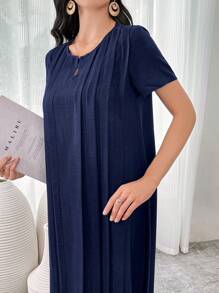 Al Najma 女士纯色简约日常短袖阿拉伯连衣裙 - 寶藍色 - 查看 4