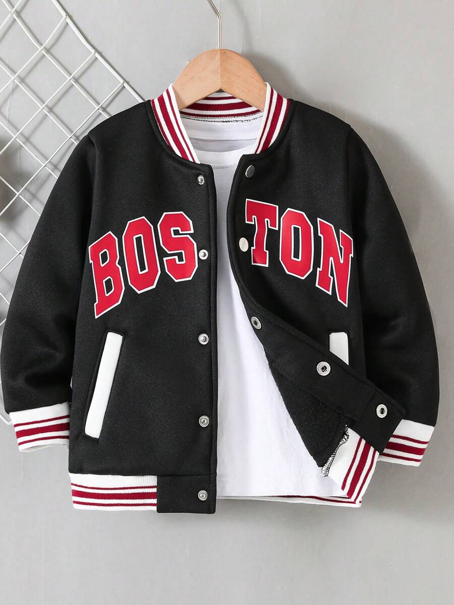 SHEIN Casual Sports BOSTON Letter Print Ribbed Collar Cuff Hem Black Varsity Jacket For Young Boys. The Ribbed Collar, Cuffs, And Hem Design Adds Layers And Texture To The Jacket. Suitable For Autumn And Winter, Suitable For Young Boys To Wear During Casual, Sports Or Outdoor Activities, Showing A Fashionable And Personalized Style Of Dressing. The Black Design Makes The Jacket More Versatile And Easy To Match With Various Bottoms Such As Jeans And Casual Pants, Paired With Athletic Or Casual Shoes, Showcasing A Fashionable And Casual Look. This Jacket Will Become A Beloved Item In The Boy's Wardrobe, Adding More Fashion And Taste To Their Daily Wear. Suitable For School, Classic And Timeless, Comfortable And Stylish. - Black - View 1