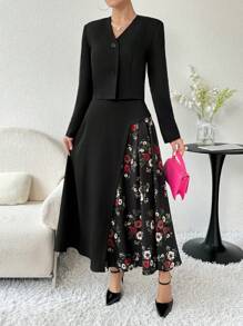 Modelyn 女性優雅純色外套和印花拼接A字裙兩件套裝，適用於春秋季節 - 彩色 - 查看 6