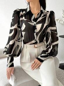 Modelyn Áo sơ mi nữ tay dài cài nút in họa tiết toàn thân thời trang thanh lịch giản dị, áo cánh đen trắng - Nhiều màu - Xem 1