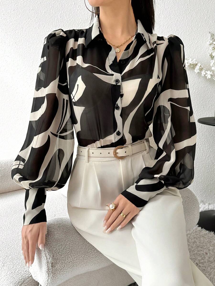 Modelyn Áo sơ mi nữ tay dài cài nút in họa tiết toàn thân thời trang thanh lịch giản dị, áo cánh đen trắng - Nhiều màu - Xem 1