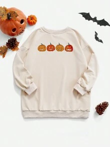 Flirla Women's Pumpkin Print Crew Neck Loose Fit Long Sleeve Casual Sweatshirt, Spring/Autumn