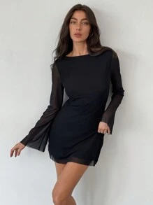 Aloruh Women'd Mesh Black Bell Sleeve Tie Backless Mini Dress, Date Night Dress