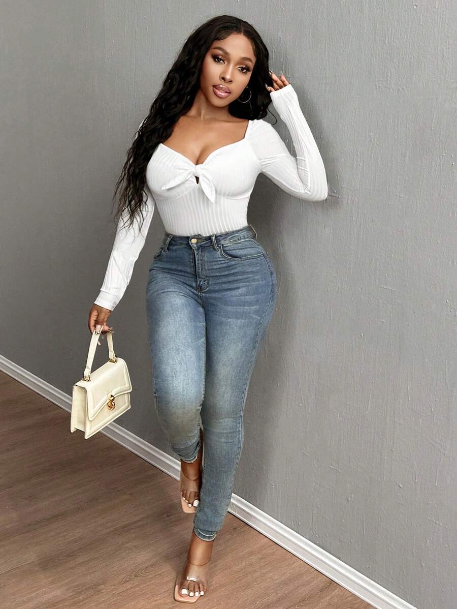 SHEIN SXY 红色罗纹针织上衣，方形领口和系带腰部，长袖 T 恤基本款 T 恤 - 紅色 - 查看 1