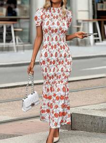 SHEIN Clasi Digital Printed Puff Sleeve Mermaid Tail Hem Summer Dress - Multicolor - View 3