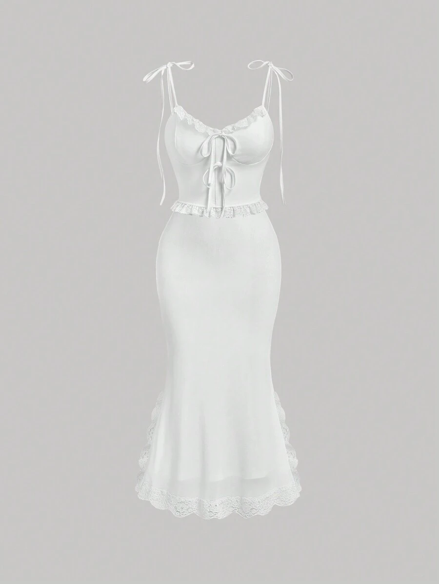 SHEIN MOD Chất rắn Schiffy Viền Ruffle Nút Cami ngọn & Váy Mermaid - trắng - Xem 1