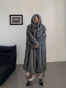 Flirla Plus Size Fluffy Hooded Long Sleeve Furry Coat, Winter Clothes Fall Cloth For Women Autumn - Dark Grey - View 3