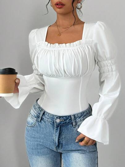 Selianne Women's Solid Color Simple Everyday Bell-Sleeve Square Collar Blouse,Long Sleeve Tops Fall Cloth For Women