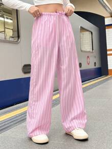 SHEIN Teen Girls Striped Cinched Waist Flare Leg Casual Palazzo Pants, Pink & White