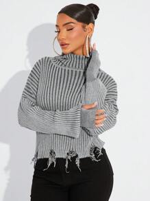 SHEIN SXY Women's Solid Turtleneck Distressed Long Sleeve Knit Sweater Going Out Tops In Fall/Winter - Grey - View 4