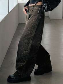 DAZY 女式纯色拉链休闲阔腿牛仔裤 Y2k