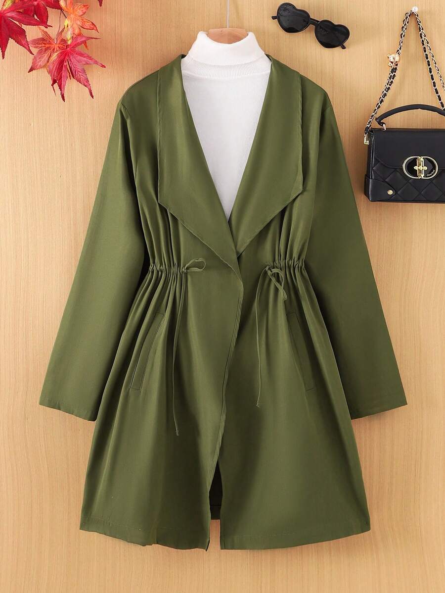 SHEIN Teen Girl Woven Solid Loose Casual Waist Drawstring Long Sleeve Jacket - Army Green - View 1