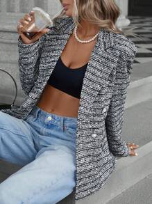 SHEIN Privé Chaqueta gruesa de tweed con doble botonadura al estilo francés para mujeres en otoño