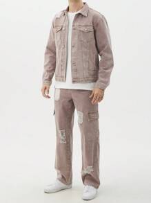 Manfinity Roughcore Men's Solid Color Casual Long Sleeve Top And Jeans Pants Set