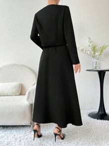 Modelyn 女性優雅純色外套和印花拼接A字裙兩件套裝，適用於春秋季節 - 彩色 - 查看 2