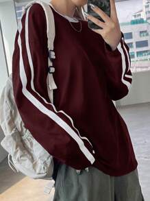 DAZY 女士宽松圆领撞色条纹长袖T恤，秋季服装 - 玫瑰紅 - 查看 1