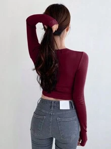 DAZY Women's Plain Round Neck Long Sleeve Fitted Short Tee, Spring Summer Preppy Tops,Fall Women Clothes - Brown - View 2