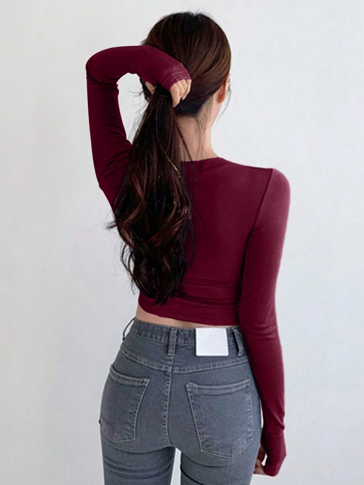 Women's Plain Round Neck Long Sleeve Fitted Short Tee, Spring Summer Preppy Tops,Fall Women Clothes