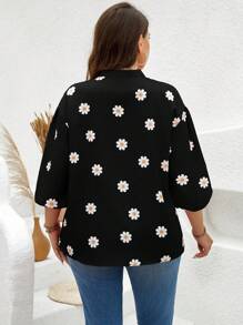 SHEIN LUNE Áo sơ mi tay dài in họa tiết hoa cúc cỡ lớn cho nữ Áo sơ mi đen thường ngày Quần áo mùa thu - màu đen - Xem 2