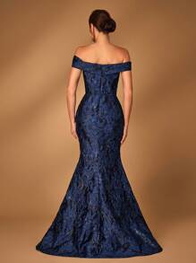 Serin Elegant Gorgeous Navy Blue One Shoulder Sleeve Luxurious Jacquard Satin Pleated 3D Floral Slit Mermaid For Wedding Party Vacation Formal Event Mother Of The Bride Evening Gown - Navy Blue - View 4