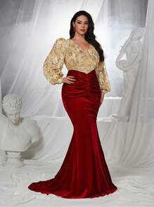 Glamrae Vestido de fiesta formal de longitud hasta el suelo con cola de pez, manga larga, volantes asimétricos, tejido de satén elástico con bloque de color y bordado elegante y de lujo, para eventos como graduación, cena, invitado de boda en talla grande