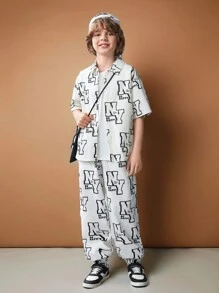 SHEIN 2 件套 Tween Boy 休闲编织纯色字母印花 Polo 领衬衫和踝长裤套装