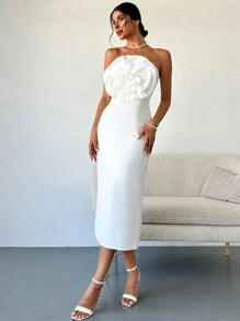SHEIN Privé Vestido de fiesta de media pantorrilla elegante y delgado con cintura de 3D flores para mujer - Blanco - Ver 6