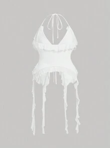 SHEIN MOD Plus Size Romantic White Ruffle Trim 3D Floral Design Halter Neck Top