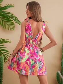 Travachic 度假短款紧身系带热带花卉编织图案女士连衣裙、热带连衣裙、太阳裙、女士夏季连衣裙 - 玫紅色 - 查看 2