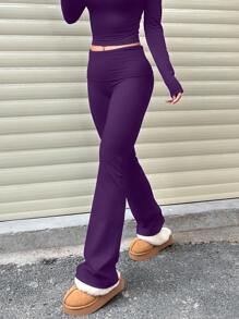 Women's Casual Solid Color Wide-Waist Flare Pants, Leggings Fold-Over Waist High Waist Ruched Slim Fit - Màu tím - Xem 3