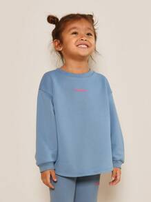 SUMWON 年轻女孩日常运动衫和罗纹打底裤两件套，带图案印花 - 藍色 - 查看 3