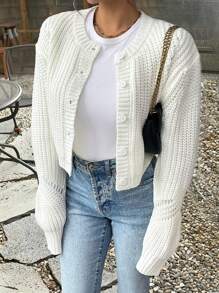 Chiquease Buttoned Diagonal Hollow Out Chunky Knitted Long Sleeve Cardigan - White - View 1