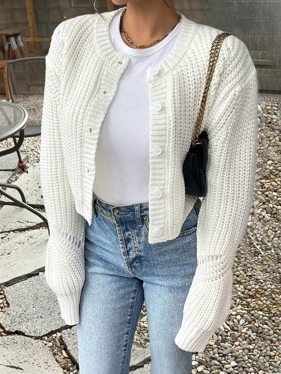 Chiquease Buttoned Diagonal Hollow Out Chunky Knitted Long Sleeve Cardigan - White - View 1