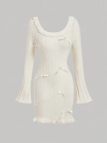 SHEIN MOD Váy len màu mơ thanh lịch có hoa tai và tay chuông, váy mùa thu, váy trở lại trường, váy dễ thương, váy nơ - trắng - Xem 1