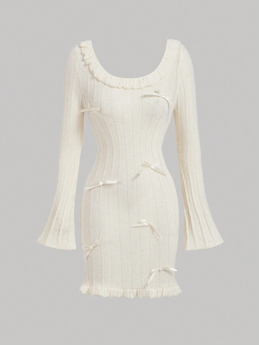 SHEIN MOD Váy len màu mơ thanh lịch có hoa tai và tay chuông, váy mùa thu, váy trở lại trường, váy dễ thương, váy nơ - trắng - Xem 1