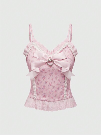 Kawaii Top tipo camiseta sin tirantes con lazo, corazón y encaje en estilo minimalista sexy y retro para mujer