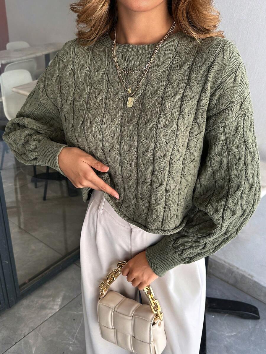 EURMUSE Cable Pattern Pullover Casual Army Green Sweater - Army Green - View 1