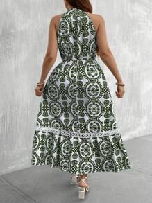 SHEIN Clasi Plus Size Women Boho Plant Print Ruffle Hem Halter Dress For Vacation, For Summer - Green - View 2
