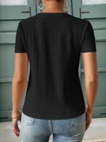 SHEIN Frenchy Solid Eyelet Embroidery Round Neck White Tee Commute Minimalist Office Old Money  Simple  Commute Minimalist Office Old Money  Simple Black