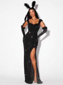 Zolique Robes de graduation à paillettes taille haute fendue queue de poisson robe longue élégante pour femmes, robe de soirée, robe de cérémonie, robe noire élégante pour tenue de fête, robe longue pour femmes - Noir - Voir 6