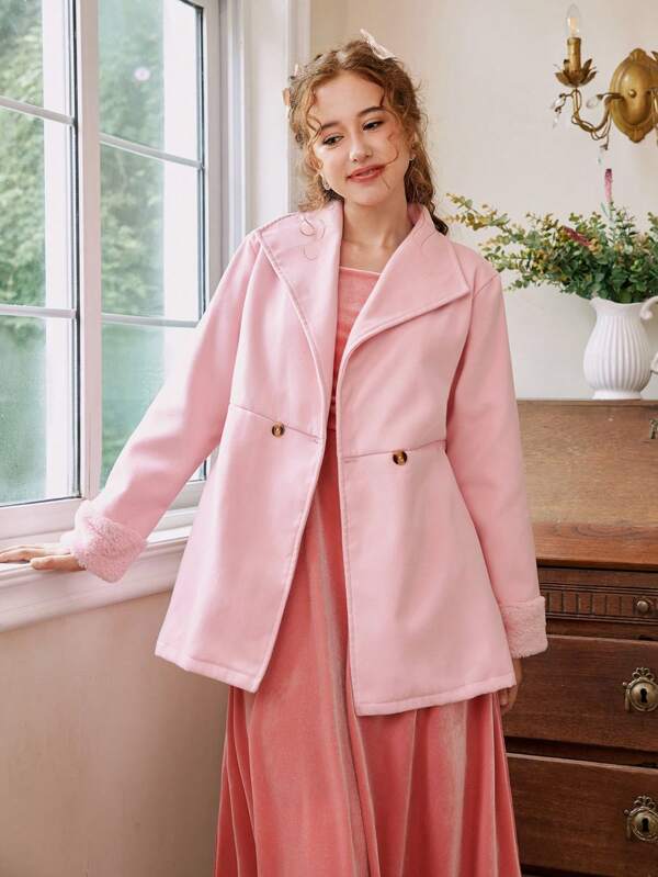 SHEIN Mädchen Teenager Rosa Kragen Splice Plüsch Elegant Warmer Wintermantel