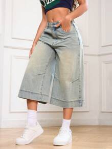 SHEIN EZwear Jeans de mezclilla de pierna ancha y lavados de 3/4 para mujer, de estilo casual de verano - Lavado ligero - Ver 5