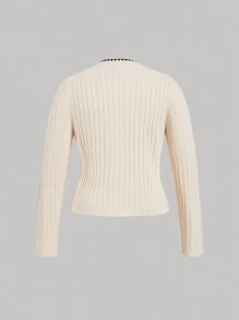 SHEIN MOD Plus Size Nữ Màu Sắc Tương Phản Viền Nơ Đan Áo Len, Tay Dài, Màu Mai Nhẹ - Màu be - Xem 2