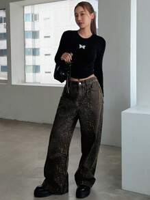 DAZY 女式纯色拉链休闲阔腿牛仔裤 Y2k