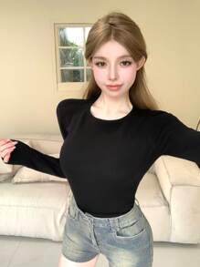 DAZY 1pc Women's Solid Color Fall Simple Daily Wear Long Sleeve T-Shirt,Thermal Lined