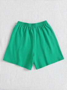 Tween Girls Loose Casual Simple Comfortable Mid-Waist Stamped Print Shorts - Green - View 2