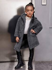 SHEIN Leap Crew Young Girl Solid Color Hooded Long Sleeve Cardigan With Pockets - Grey - View 3