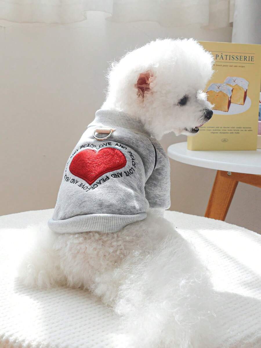 PETSIN 1 件宠物猫/狗休闲套头连帽衫，带心形刺绣，灰色 - 灰色 - 查看 1